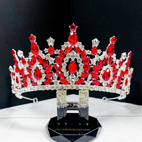 Silver Crystal Tiara, Wedding Bridal Crown, Prom Party Crown, Red Crystal Crown - Picture 6 of 6